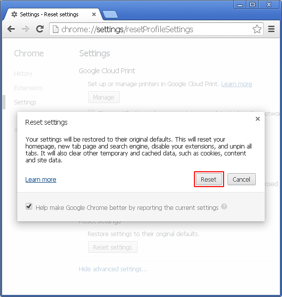 Confirm Chrome resetting