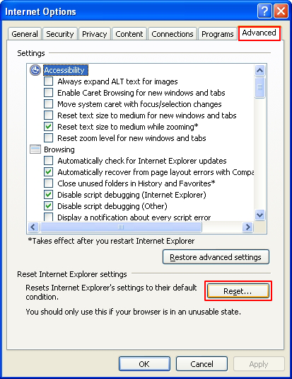 Click the Reset button under IE Internet Options