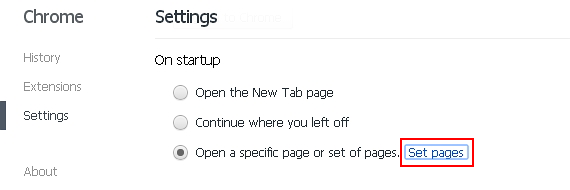 Set pages under On startup settings in Chrome