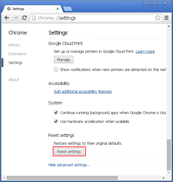 Reset settings button in Chrome