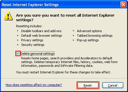Beenden des Zurücksetzens von Internet Explorer