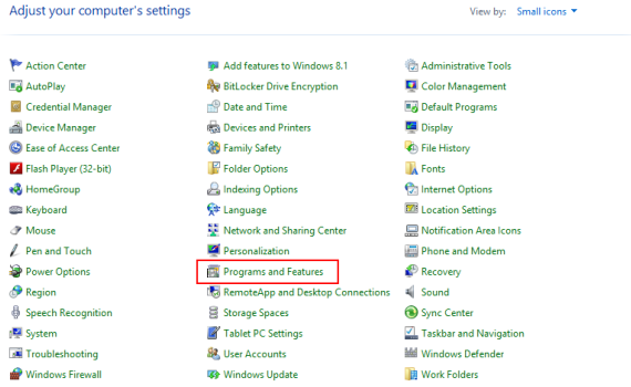 Windows-Programme und -Features-Bildschirm
