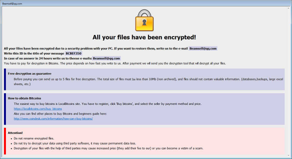 Ransom note displayed by the .bip ransomware